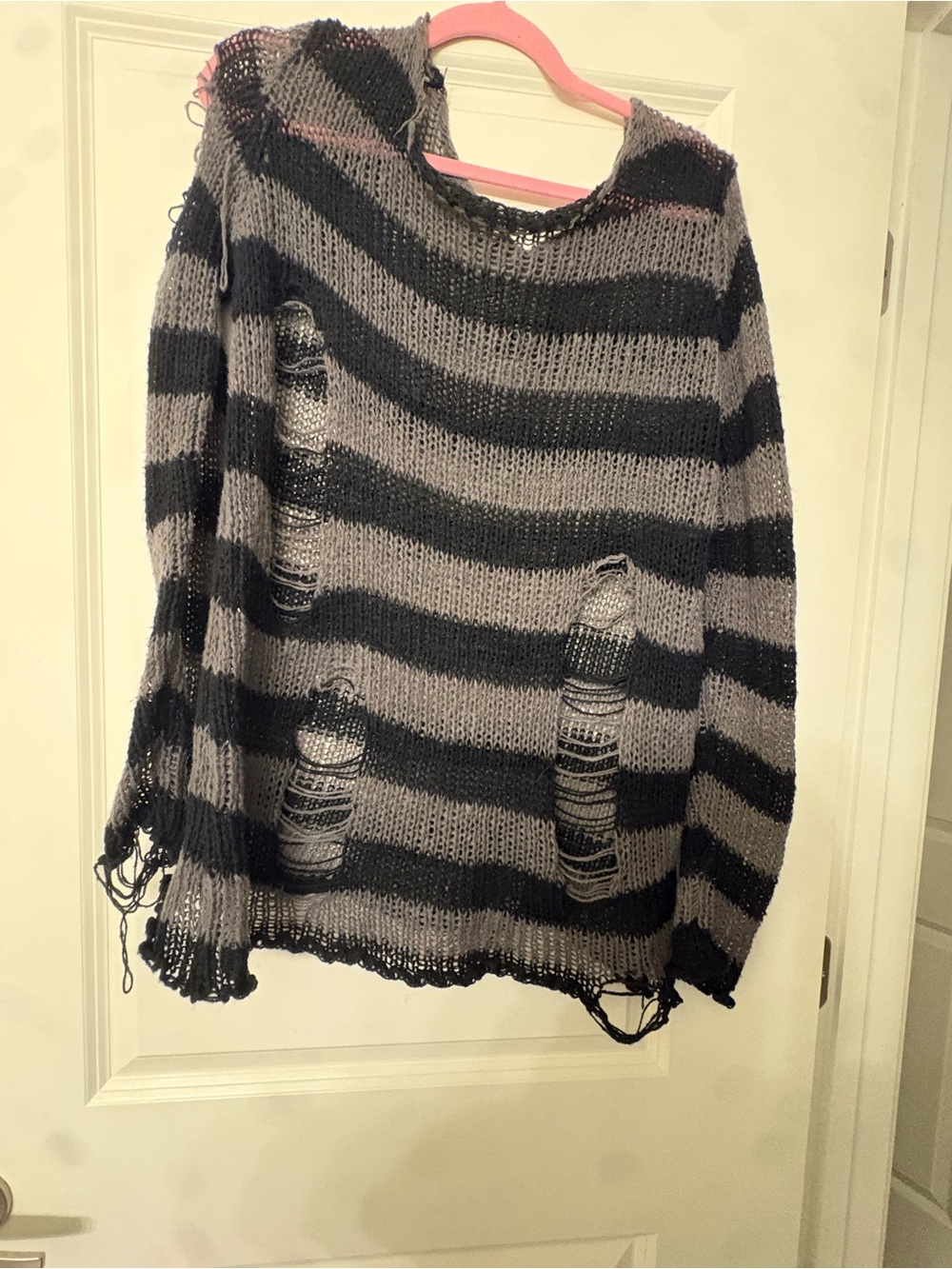 Striped Distressed Sweater in Black & Gray
